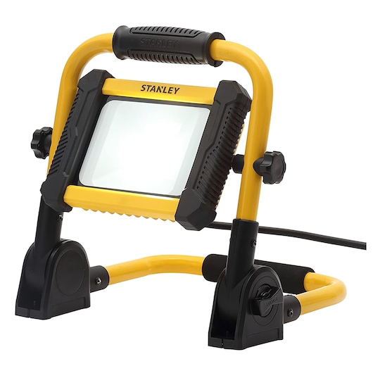 STANLEY SXLS41219E portable LED work light with yellow frame, front angle, photography product.