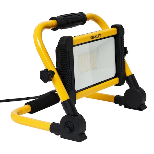 STANLEY SXLS41221E LED work light with yellow and black frame, side angle on white background.