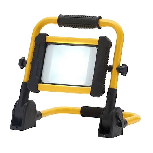 STANLEY SXLS41223E portable LED work light with yellow and black frame, front angle, on white background.