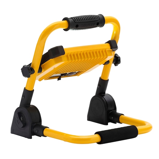 STANLEY SXLS41225E portable yellow LED work light with black handle and adjustable stand, angled view on white background.