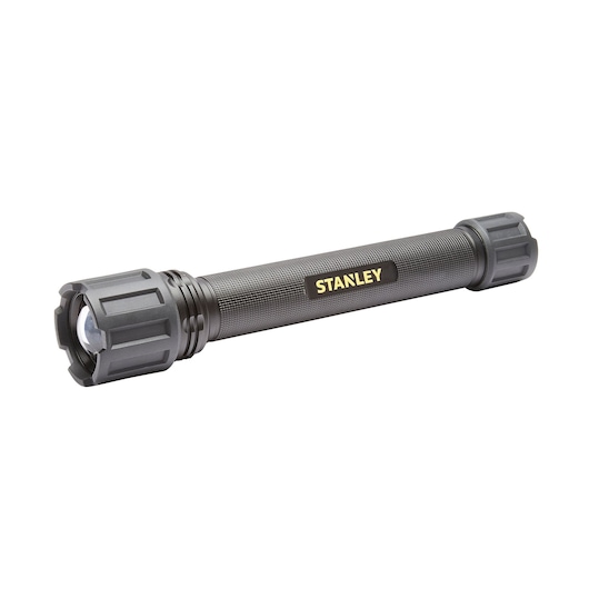 STANLEY SXLS50103E black flashlight, cylindrical body, angled view, photography on white background.