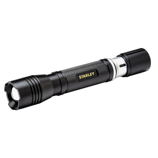 Stanley SXLS50104E black LED flashlight, knurled grip, side view, photography on white background.