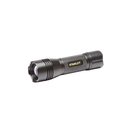 STANLEY SXLS50105E black metal flashlight, side angle, compact design with textured grip, photography on white background.
