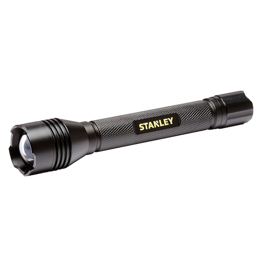 Photo of STANLEY SXLS50106E black metal flashlight, angled side view on white background.