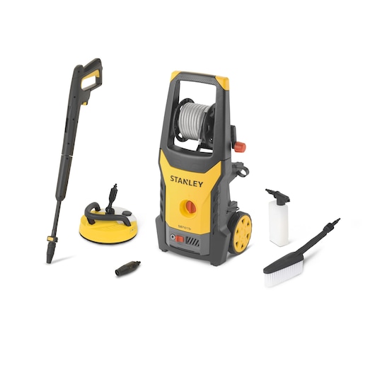 Stanley SXPW19PE pressure washer with accessories, including brush, spray gun, and surface cleaner.