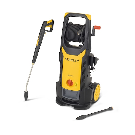 Stanley SXPW21HE pressure washer, yellow and black, with hose reel and accessories.