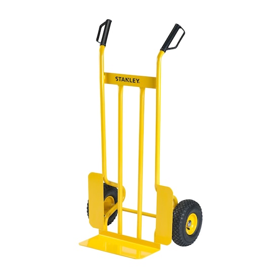 Yellow STANLEY hand truck with two wheels and handles for transporting heavy items.