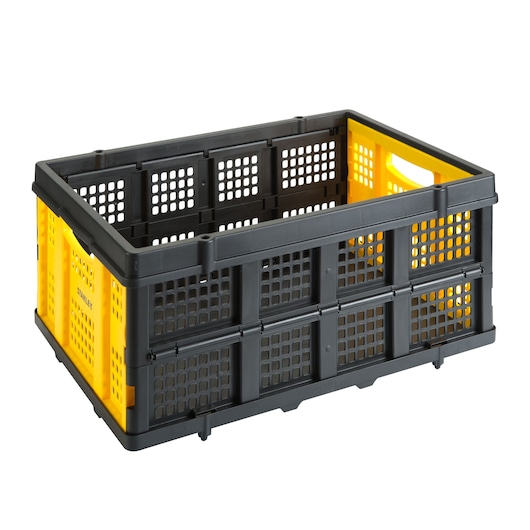 Black and yellow plastic storage crate with perforated sides and handles, shown against a white background.