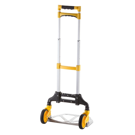Stanley foldable hand truck with yellow and black details, telescopic handle and two wheels.