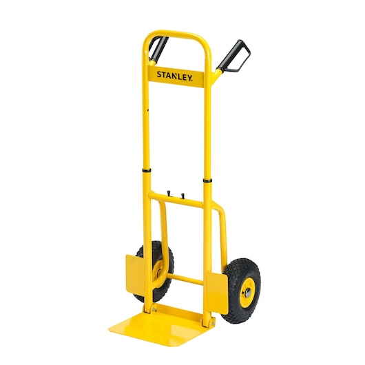 Yellow STANLEY hand truck with black handles and wheels, designed for transporting heavy items.