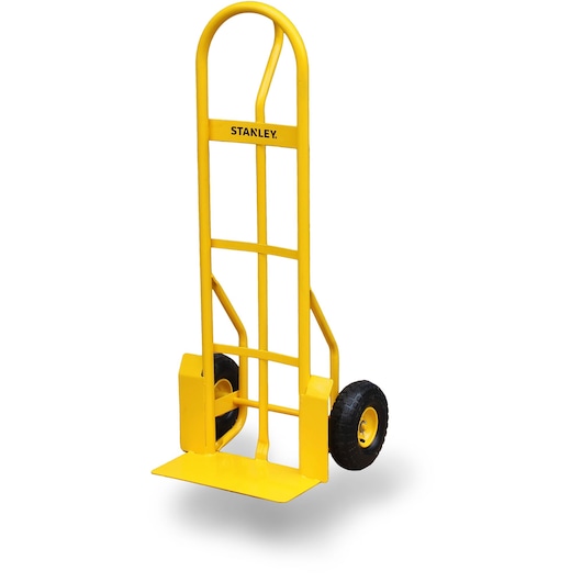 Yellow STANLEY hand truck with two black wheels for transporting heavy items, shown on a white background.
