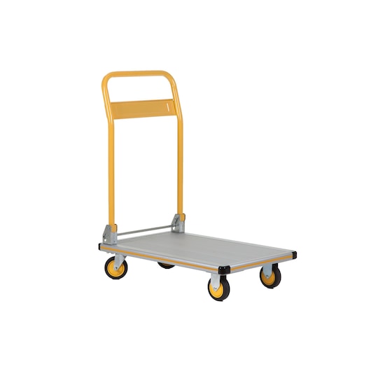 Stanley platform trolley with yellow handle and four wheels, suitable for transporting heavy items.