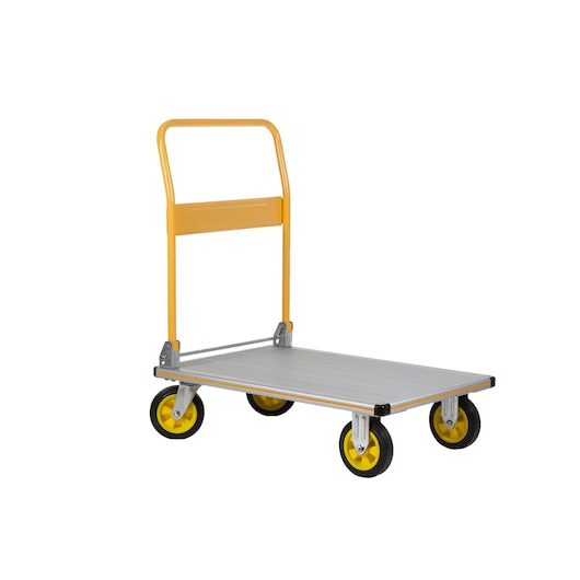 Yellow handle platform trolley with four wheels and a flat metal base for transporting items.