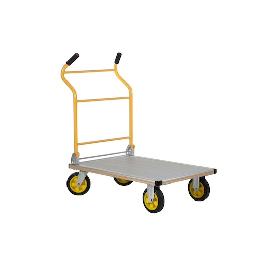 Yellow and silver flat platform cart with four wheels and a handle for transporting heavy photography equipment.